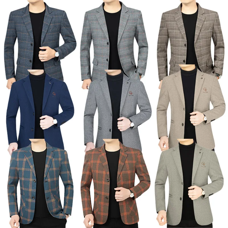 

Весна/осень 202, темно-синий клетчатый прямой пиджак-труба для мужчин, повседневные удобные универсальные пиджаки с несколькими карманами в стиле папы