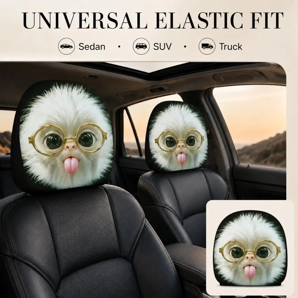 2PCS Cute White Monkey Glasses Car Headrest Covers 2D Flat Tongue Out Animal Lovers Universal Auto Headrest Protector