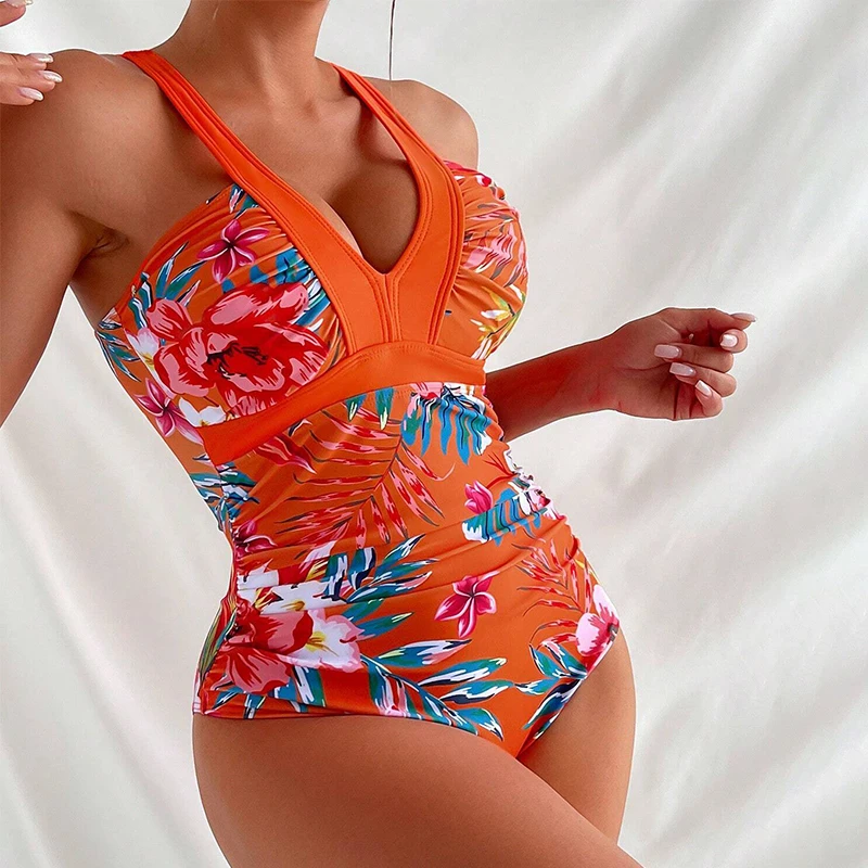 Deep V Sexy Strappy Swimsuit One Piece Printed Floral Swimwear Bathers Bathing Padded Beachwear Summer Women's Bikinis 2025