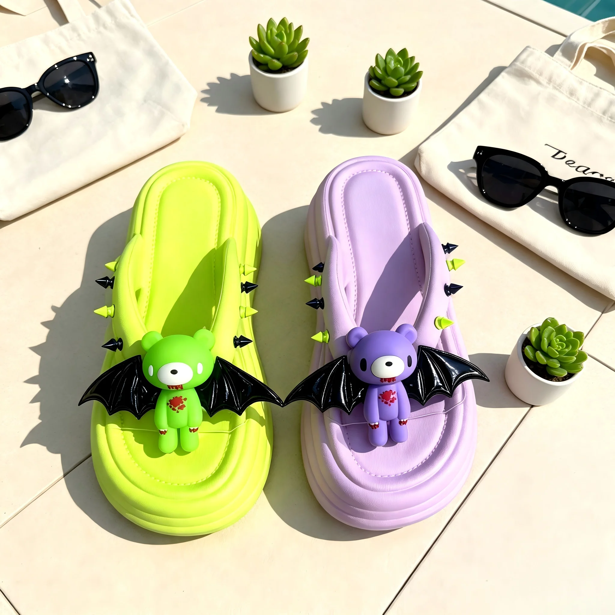 Gothic Spiked Platform Flip Flops, Cute Devil Bear Decor Thick Sole Slides Women Outdoor Beach Sandals