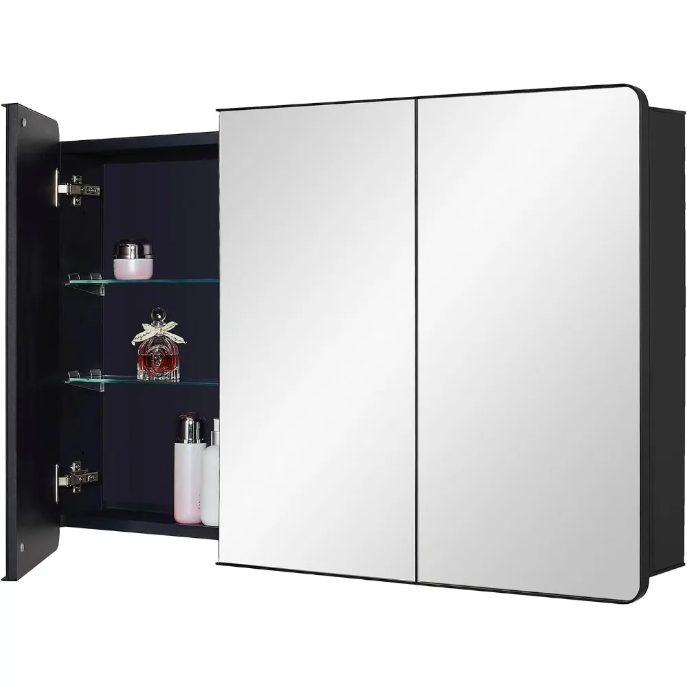 Black bathroom cabinet with rounded frame door, 40 x 25.5 inches, flush or surface mounted, with adjustable glass shelf