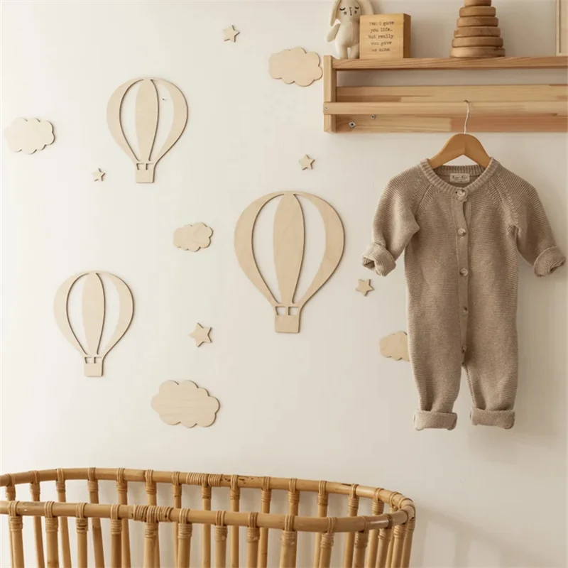13 pièces Ins ballon à air chaud en bois nuage étoile ensemble stickers muraux décoration de la maison fond stickers muraux en bois décoration de vacances artisanat mignon garçon et fille chambre