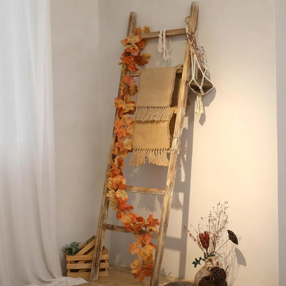 Escalera de manta de madera de 6,4 pies de ancho para sala de estar, exhibición de edredón estilo granja y soporte para toallas de madera rústica