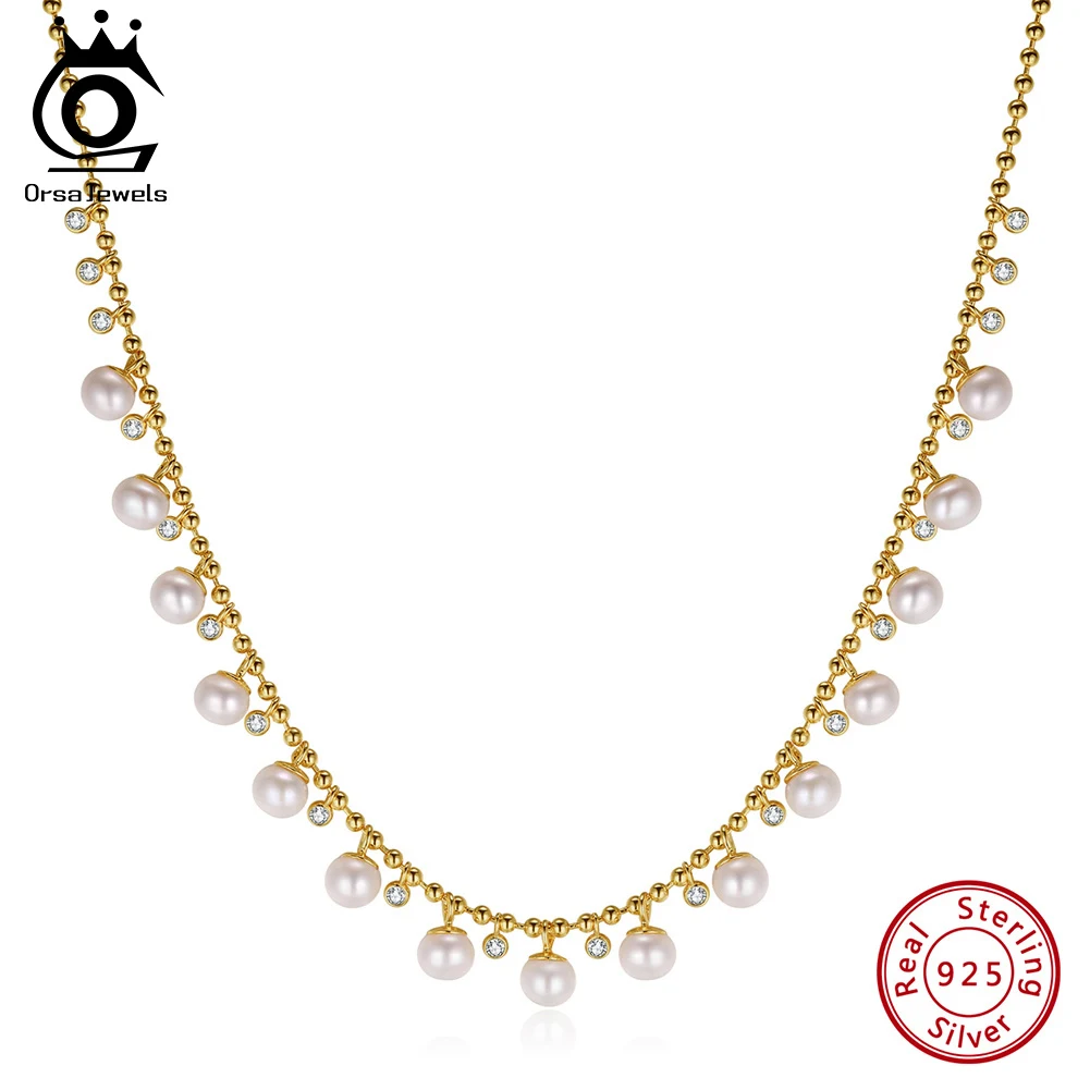 ORSA JEWELS 14K Plated Beads Freshwater Pearls Neck Chain Chic Exquisite Necklace Wedding Party Jewelry Collar for Women GPN37