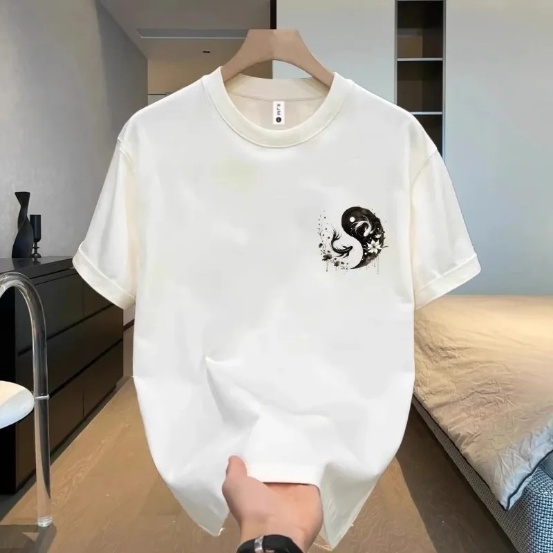 

Pure Cotton Summer T Shirt Men Loose Round Neck Casual Top With Print