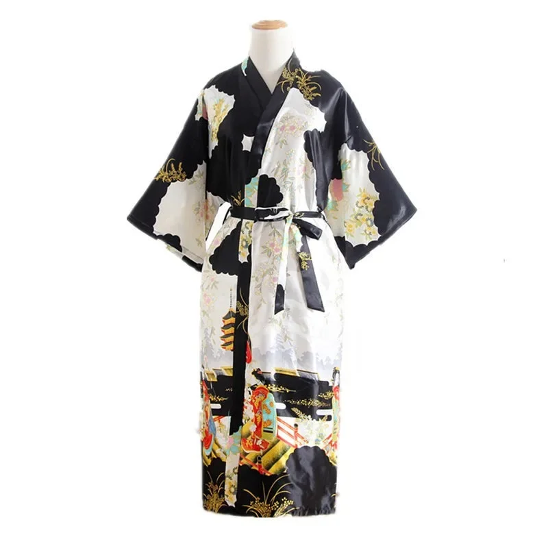 

2025e Cardigan Satin Bathrobe Long Pajamas Night Robe Yukata For Women Japanese Clothes Peacock Print