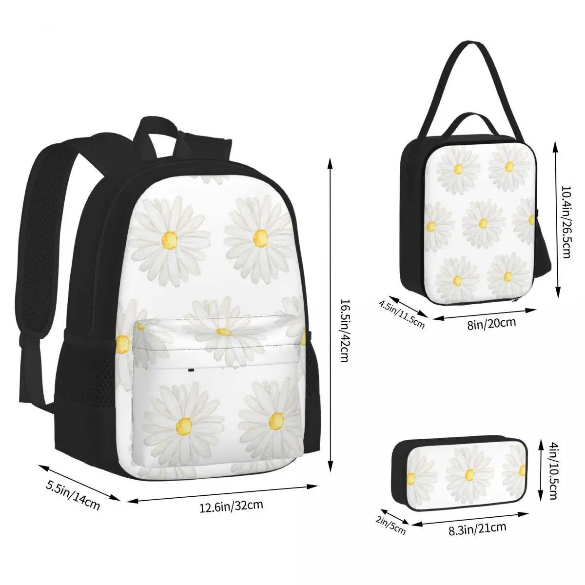 Hand Painted One Little White Daisy Watercolor Backpacks Students School Bags Kids Rucksack Lunch Bag Pen Bag Three-Piece Set