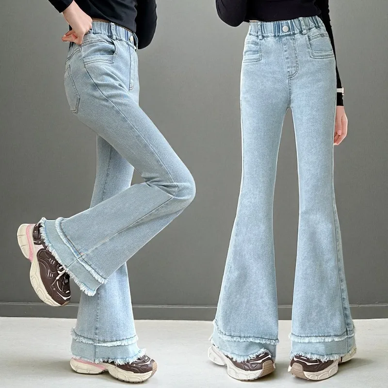 

Girls Cargo Jeans for Kids Flare Denim Pants Children Casual Light Blue Trousers Teenagers Baby Clothes 5 7 9 10 11 12 13 Years