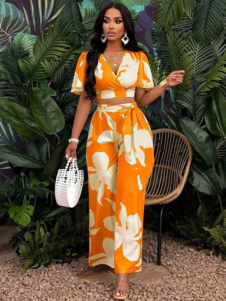 

Fashion Boho Print Two Piece Set Spring Summer Sexy Office Lady Deep V-neck Flared Sleeve Short Top Lace Up Trousers Suit Women