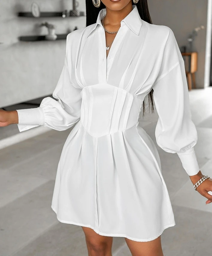 New Fashion 2024 Summer Casual Sexy Dresses for Women Elegant Turn-Down Collar Ruched Shirt Dress Female Clothing Outfits