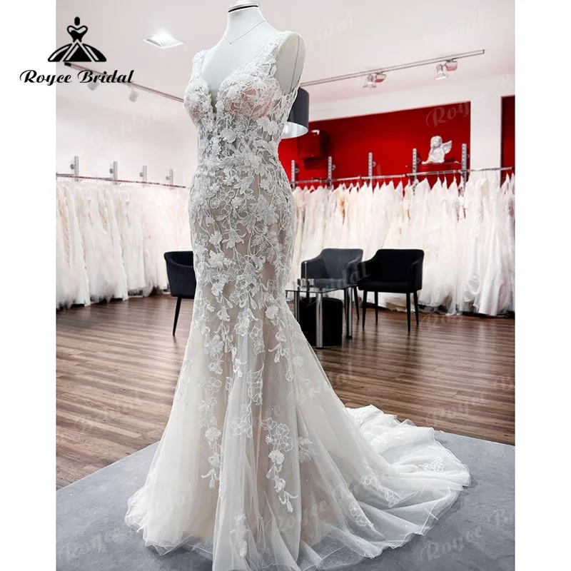 Vestido de novia de sirena/trompeta sin mangas con flores 3D, apliques de encaje, espalda abierta, corte sirena, Roycebridal