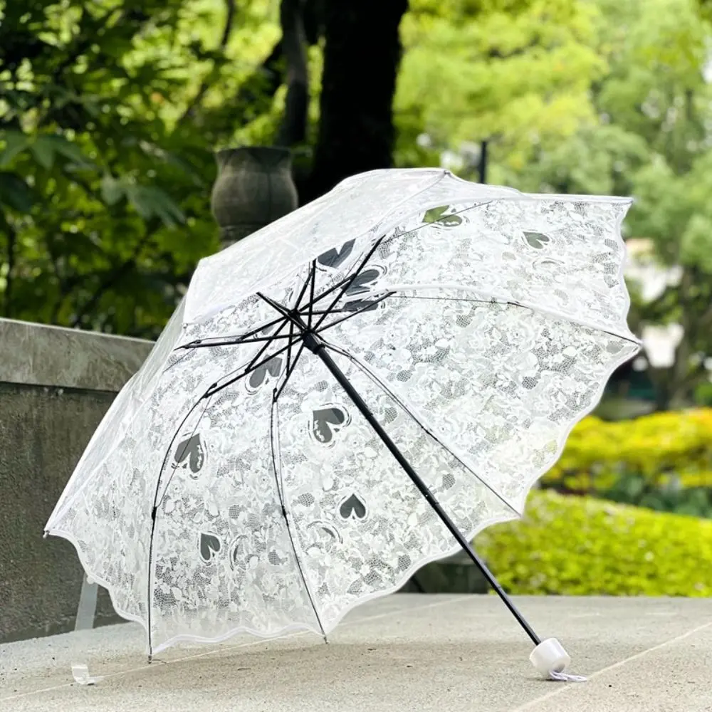 Foldable Lace Parasol Umbrella Transparent Love Embroidery Flower Girl Umbrella Large Bride Umbrella for Wedding Decoration