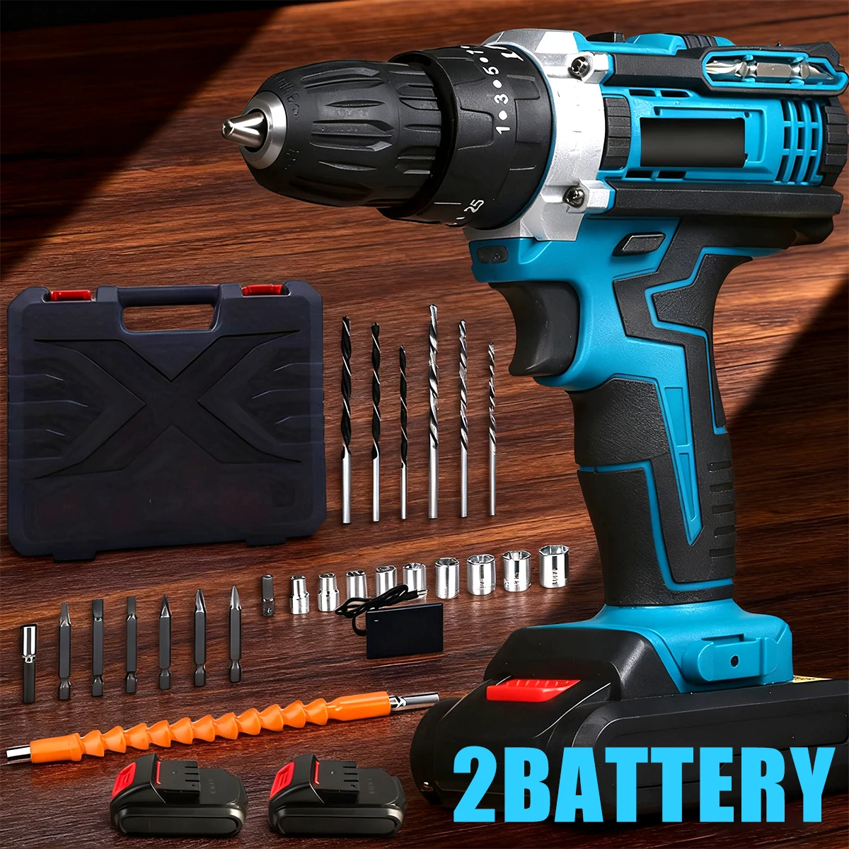 Комбинированный комплект дрели 36VF, 2 аккумулятора и быстрое зарядное устройство и портативный корпус с рабочим освещением, 2 регулируемые скорости