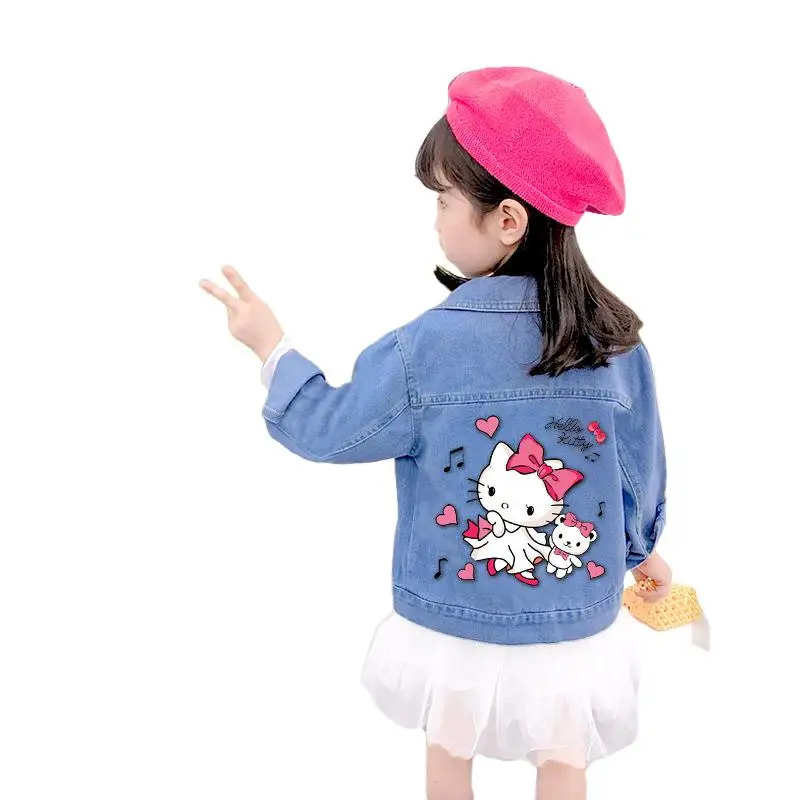 

Sanrio Kuromi Girl Denim Jacket Hello Kitty Kawaii Anime Fashion Student Spring and Autumn Lapel Tops Coat Children Clothing New