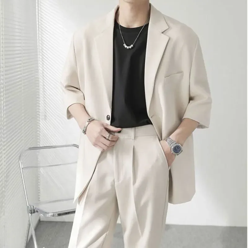 

Men Summer Suits Handsome Well Fitting Short 2 Pieces Sets Stylish Male Solid All-match Mid-sleeve Suit Women Fashion Clothing