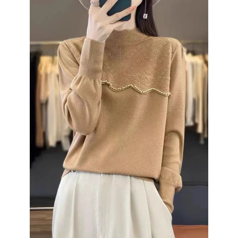 

Women Sweater Spring Autumn New Style Fashion Stylish Knitted Shirt Elegant Half High Neck Base Layer Top
