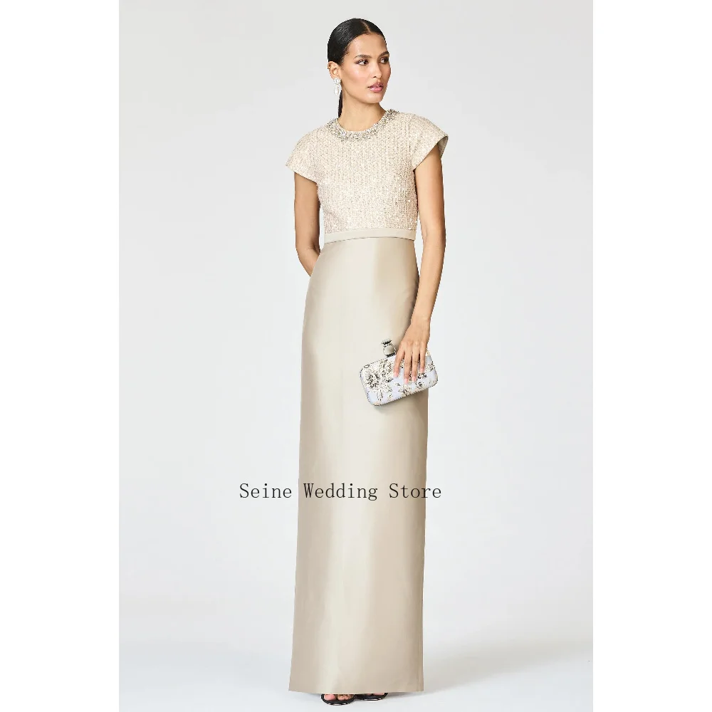 Customized Champagne Column Satin Mother of The Bride Dress with Sequin Beading Crew Neck Cap Sleeve Straight Evening Dresses