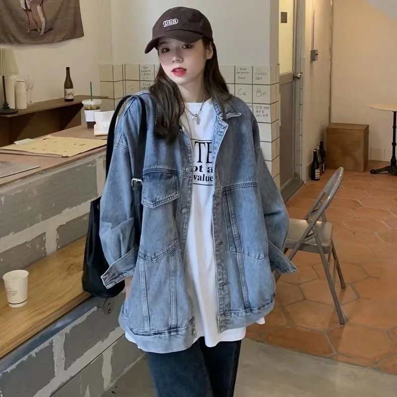 

Vintage Women's Autumn Winter Loose Lapel Single Breasted Denim Jacket Ladies Fashion Buttoned Cardigan Coat Outwear