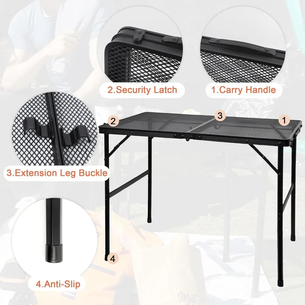 Camping Table with Mesh Desktop, Lightweight & Portable Folding Grill Table, Height Adjustable Sturdy 3 FT Metal Table