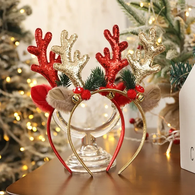 Fascia per capelli di Natale Fascia per capelli con campana in corno di alce rosso dorato Regali di buon Natale per bambini Felice anno nuovo Decorazioni per feste Copricapo con paillettes