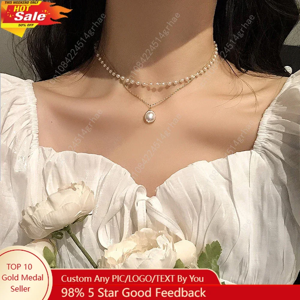 

SUMENG 2024 New Fashion Kpop Pearl Choker Necklace Cute Double Layer Chain Pendant For Women Jewelry Girl Gift
