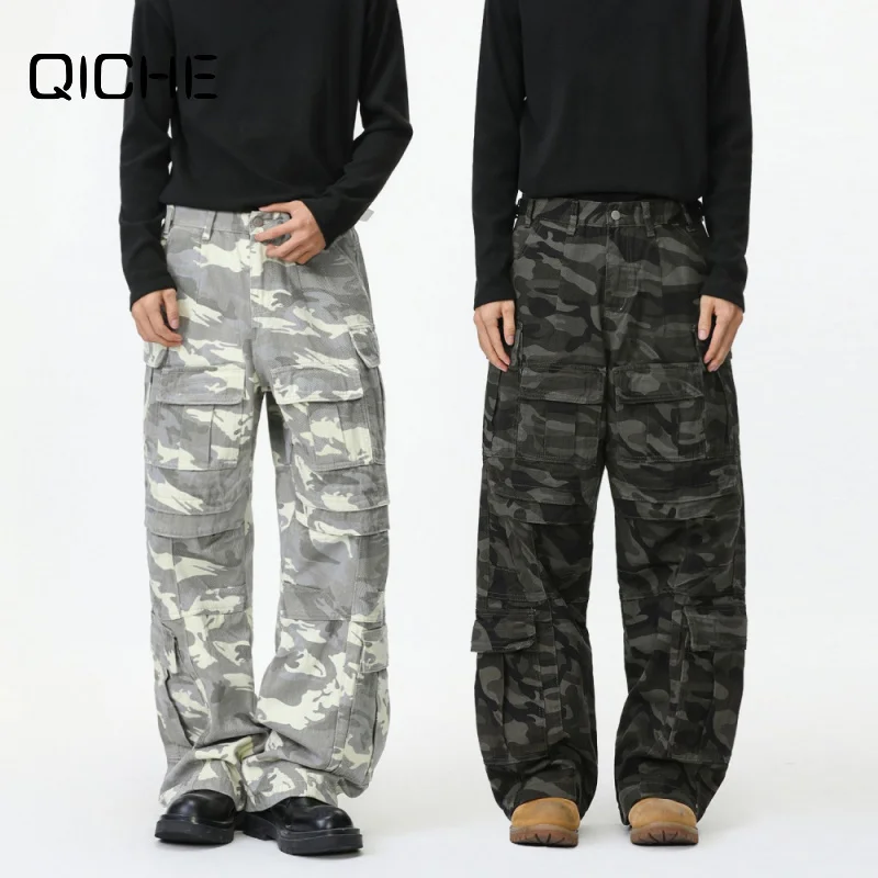 QICHE 2026 Men Camo Denim Cargo Jeans Spliced 3D Big Pockets Adjustable Waist Belt Casual Streetwear Trousers