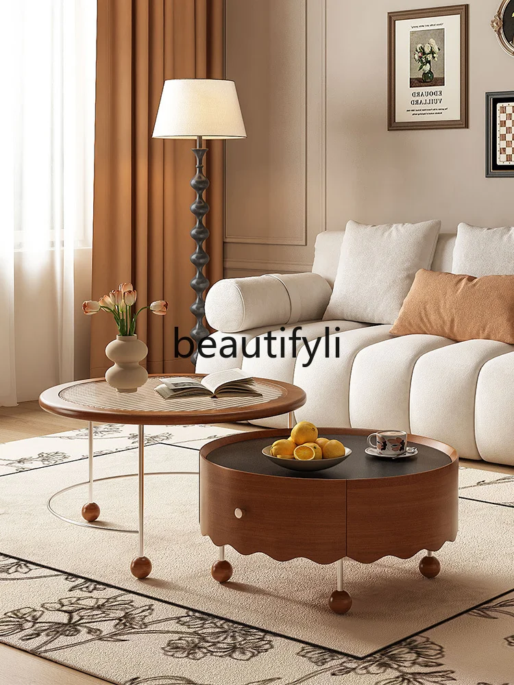 

French retro solid wood double-layer rock slab coffee table size combination medieval high-end retractable tea table