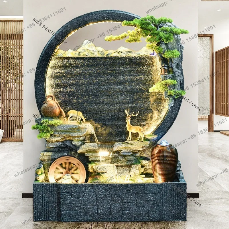 FG Large Floor Standing Feng Shui Water Fountain – Indoor Rockery Water Wheel Feature Grand Opening Gifts & Housewarming Decor J
