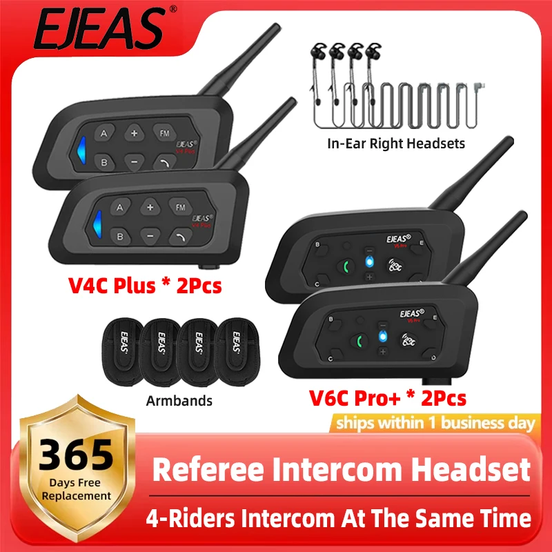 EJEAS 2Pcs V4C Plus + 2Pcs V6C Pro Supports 3 Users Referee Intercom Headset In-Ear Right Headphone Soccer Conference Interphone