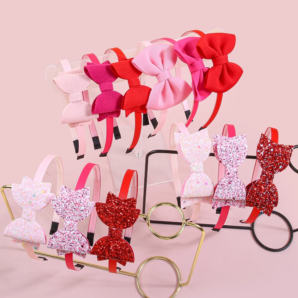 3pcs Valentine's Day Headbands for Girls Pink Red Glitter Hair Bows Hairbands for Kids Valentine's Day Party Hair Accessories