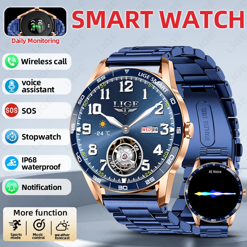 

LIGE Smart Watch Full Touch Screen Man Women Bluetooth Call IP68 Waterproof Watches Sports Fitness Health Monitor Men Smartwatch