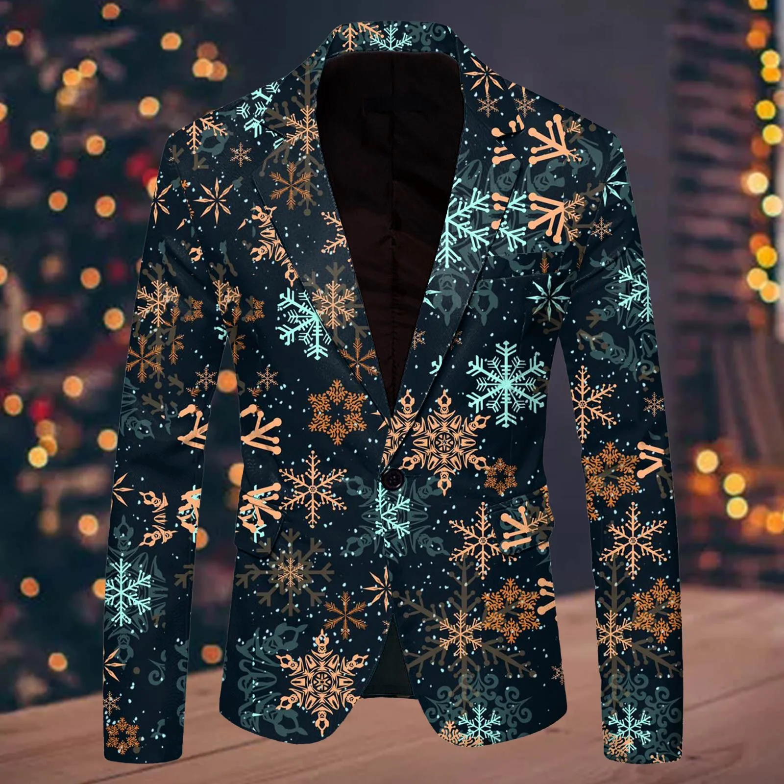 Christmas Elk Snowflake Men\'s Blazer Jackets Long Sleeve Lapel One Button Slim Formal Party Suits Coats Plus Size Male Clothing