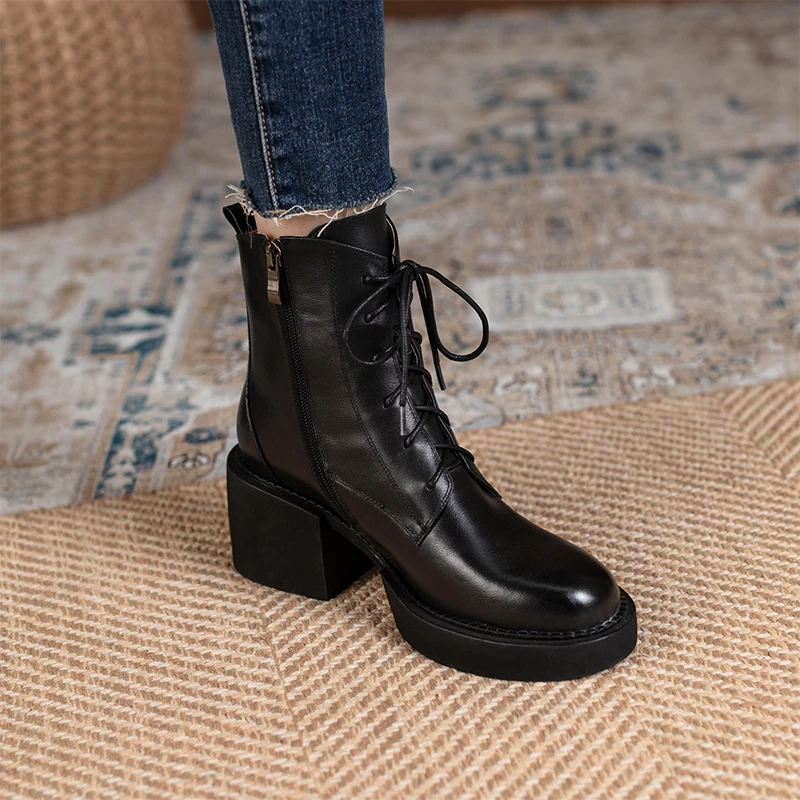 Retro Lace-up Mature Female Concise Women Ankle Boots Genuine Leather Thick Heels Autumn Winter Side Zipper Office Shoes Woman