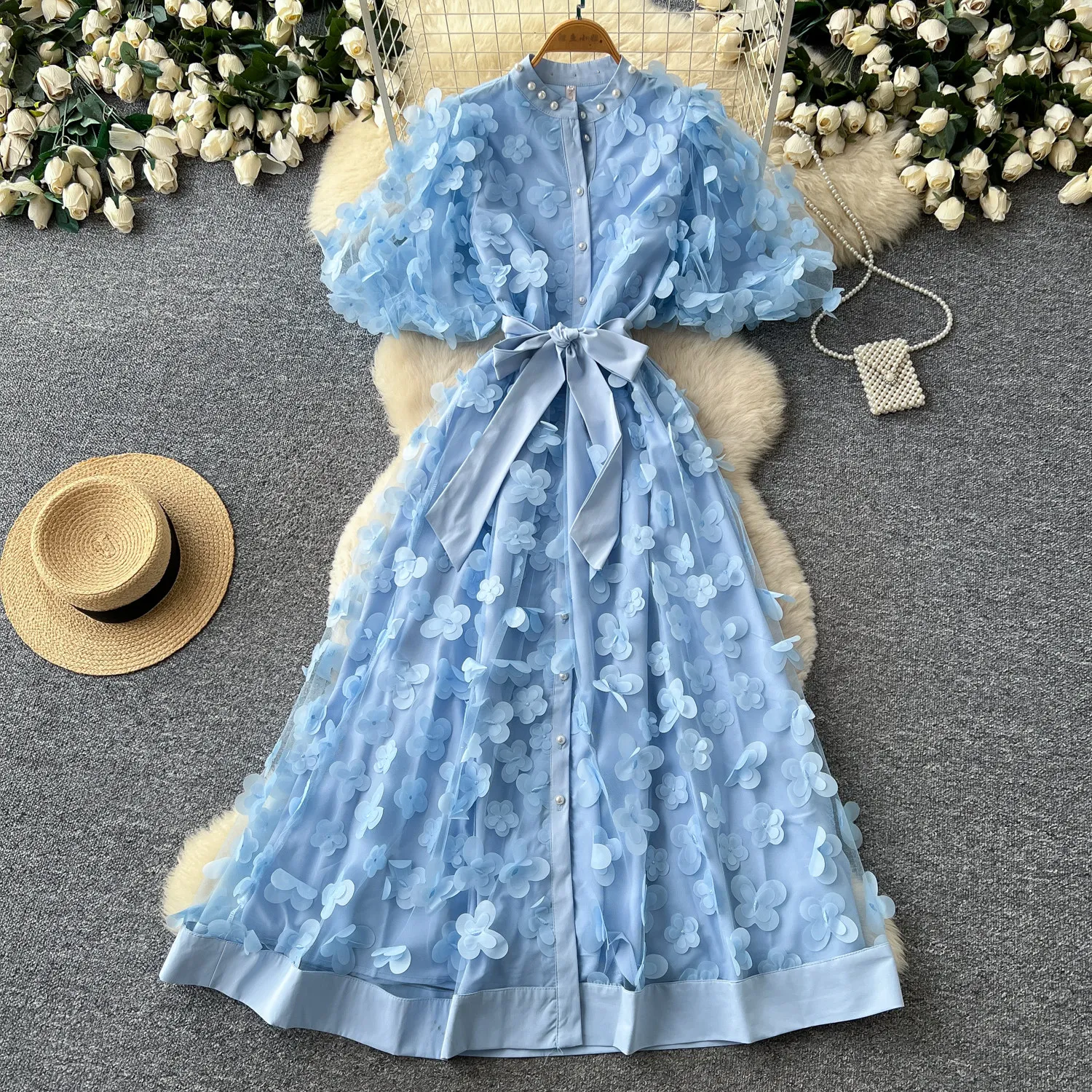 3D-Blumenverziertes, geschnürtes, ausgestelltes A-Linien-Maxikleid im Retro-Stil, elegantes Cocktailkleid für Damen.