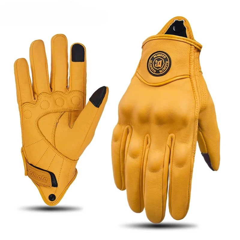 Retro Yellow Leather Motorcycle Gloves Men Women Breathable Perforated Motorbike Racing Gloves Touch Screen Motocross Moto Glove