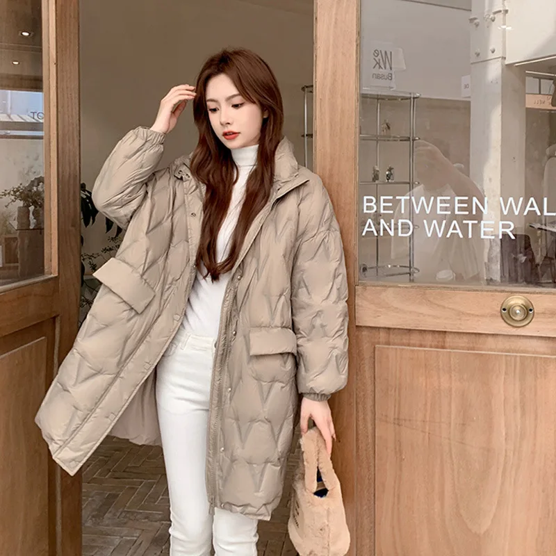 

Women's Winter Down Jacket, Puffer Coats, Stand-up Collar, Lightweight, Warm Outerwear, Korean, Simple, Mid-length, New, 2024