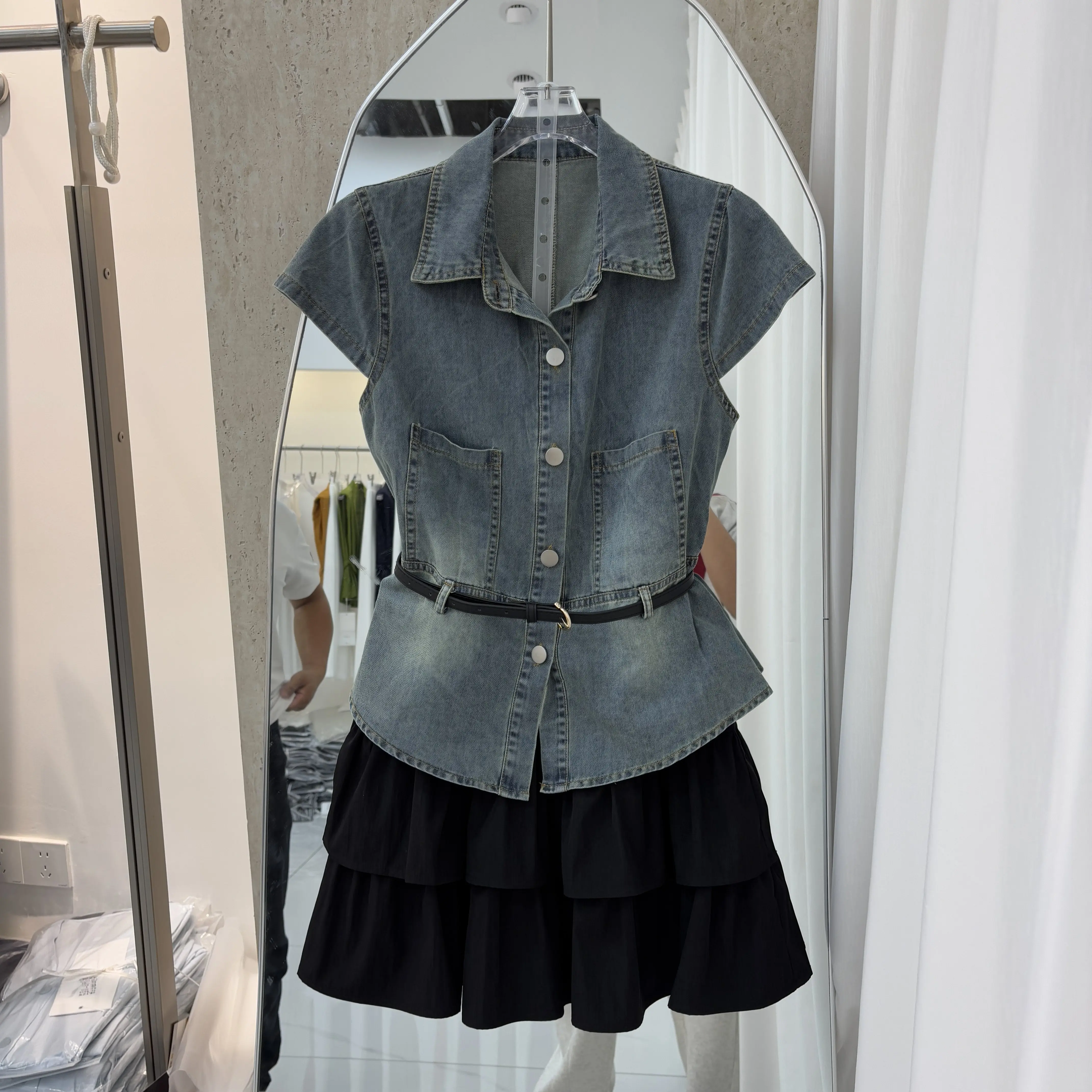 

Women's 2 Piece Denim Top and Skirt Set Summer Vintage Washed Sleeveless Denim Shirt with Belt + Black Tiered Mini Skirt