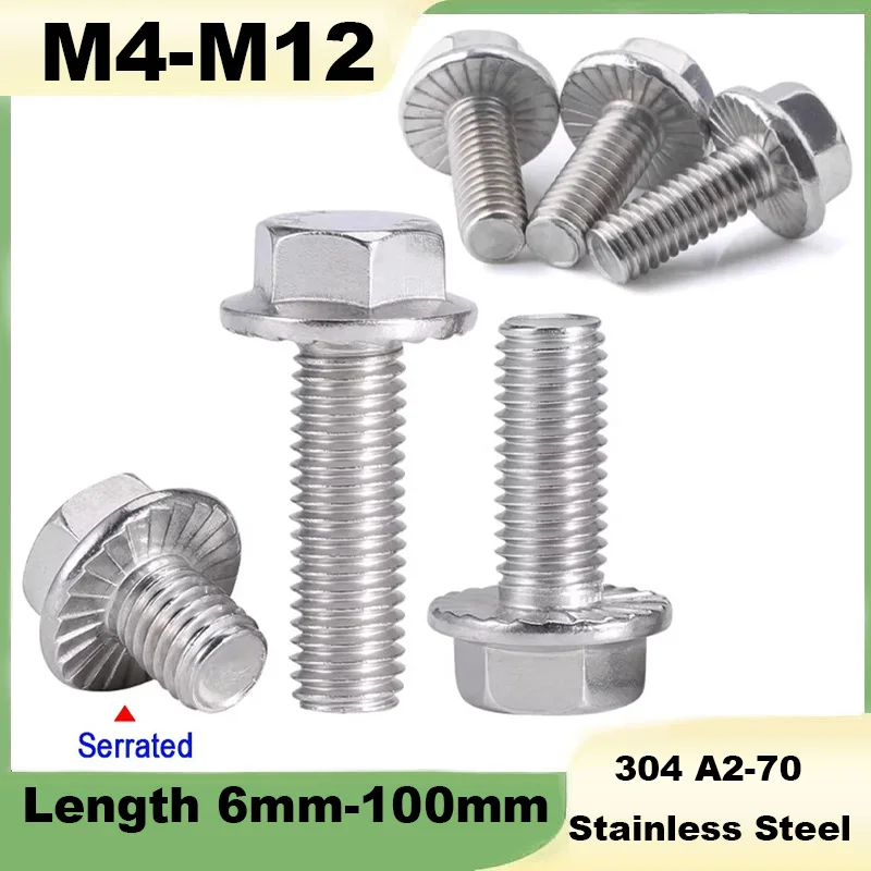 Flange Head Bolt M4 M5 M6 M8 M10 M12 A2-70 304 Stainless Steel Hexagon Hex Head with Serrated Washer Cap Screw