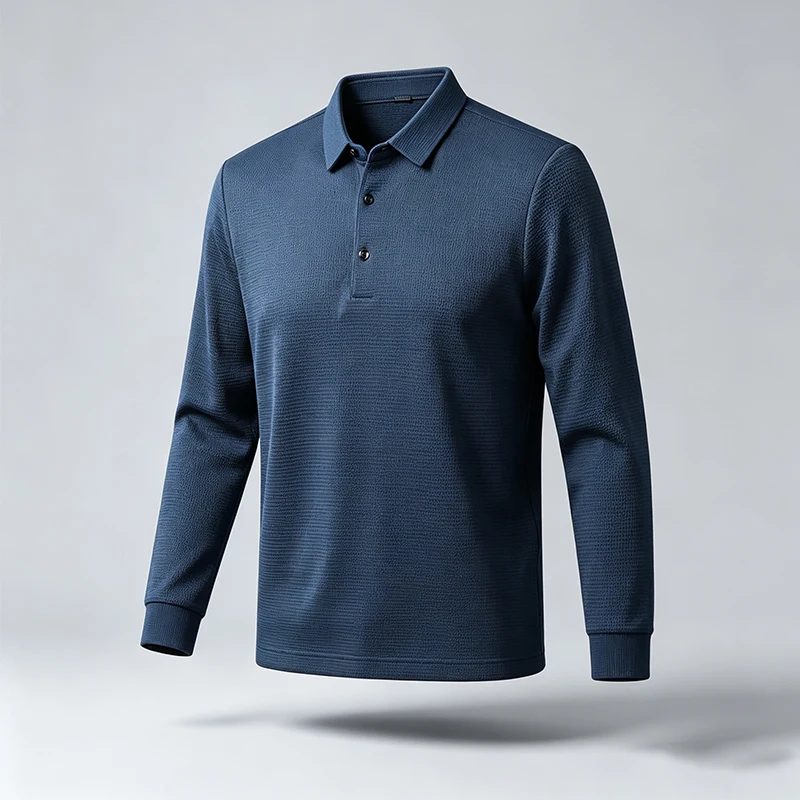 Herren Strukturiertes Waffel-Langarm-Poloshirt, Reguläre Passform, Weich, Knitterresistent, Business-Casual Alltags-Pullover-Oberteil – Detail 10