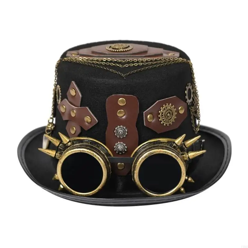 

Gothic Top Hat for Unisex Top Hat Cosplay for Halloween Industrial Age Hair Accessory with Gears Goggles Chain 49MB