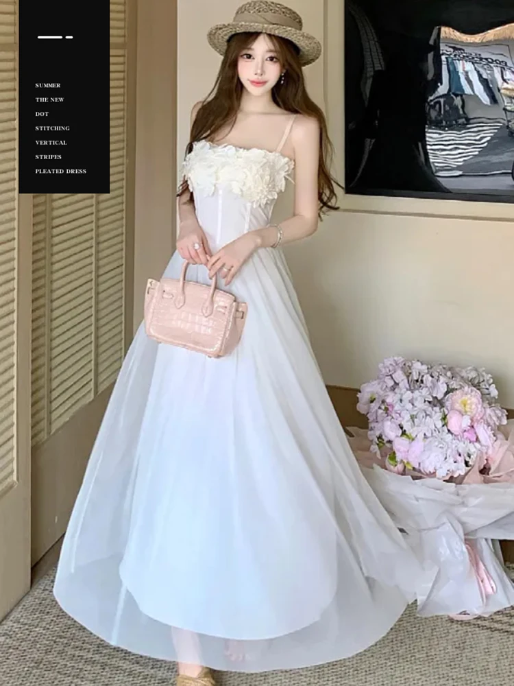 2026 White Patchwork Chic Floral Sling Long Dress Women Korean Elegant Luxury Dress Summer Fashion Bodycon Festival Party Dress
