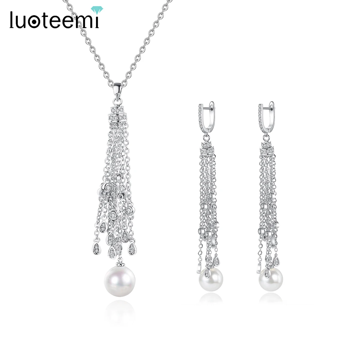 LUOTEEMI Trendy Long Tassel Women Wedding Bridal Necklace and Earring Jewelry for Girl  Drop Pendant Tassel with Pearl set de pu