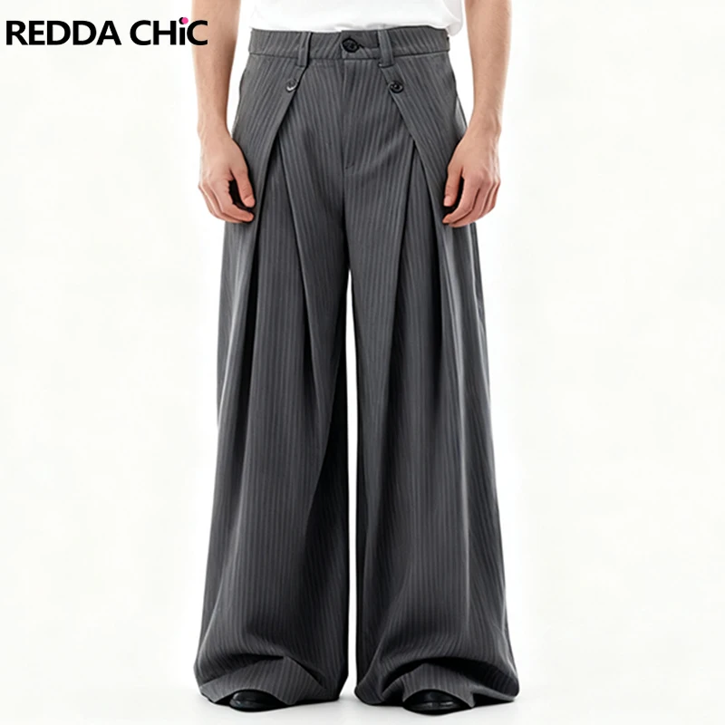 

REDDACHIC Pleated Striped Dress Pants Men Button Decor Pockets Straight Loose Low Waist Suit Trousers Casual Formal Clothing