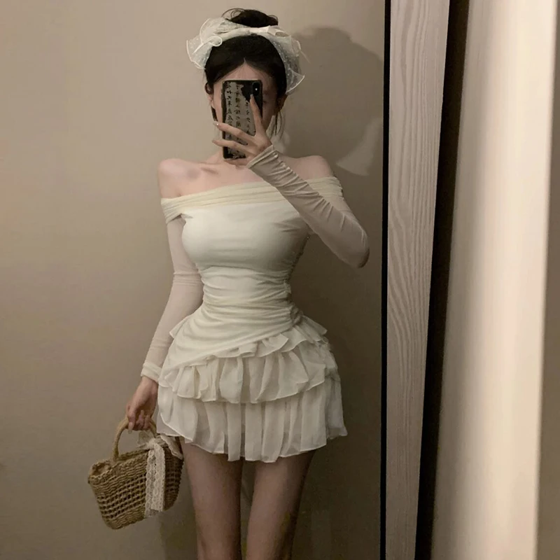 Women Sets Hotsweet Irregular Off-shoulder T-shirt Puffy Skirt Korean Fashion Sexy Two-piece Summer Ins Streetwear Outfits Y2k