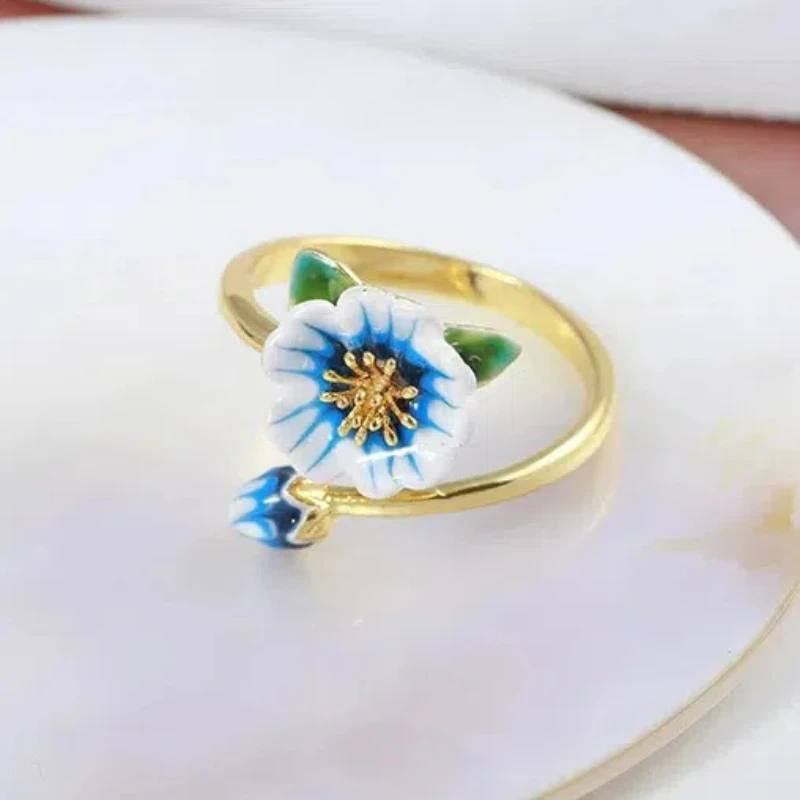 Light Luxury Bohemia Pastoral Style Hand-painted Drip Oil Blue Flower Bud Adjustable Ring for Women, Fairy Jewelry Female Craft