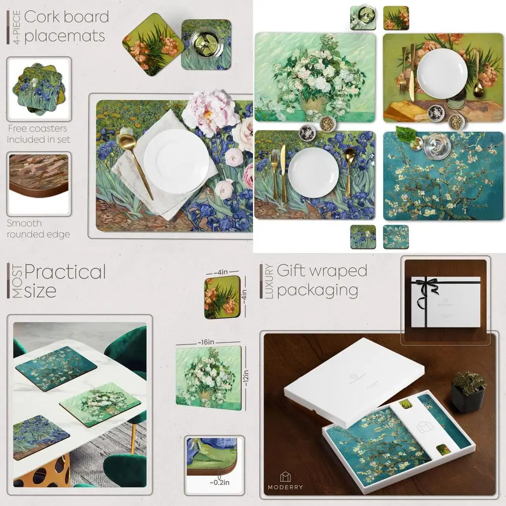 

4-Piece Heat-Resistant Cork Placemats with Matching Drink Coasters, Van Gogh Floral Art, 16x12 Inches