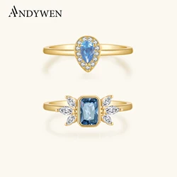 ANDYWEN 925 Sterling Silver Gold Blue Ovals Eye Ring Crystal Luxury Wing Love Rings 2022 Valentiens Jewelry Women Fashion
