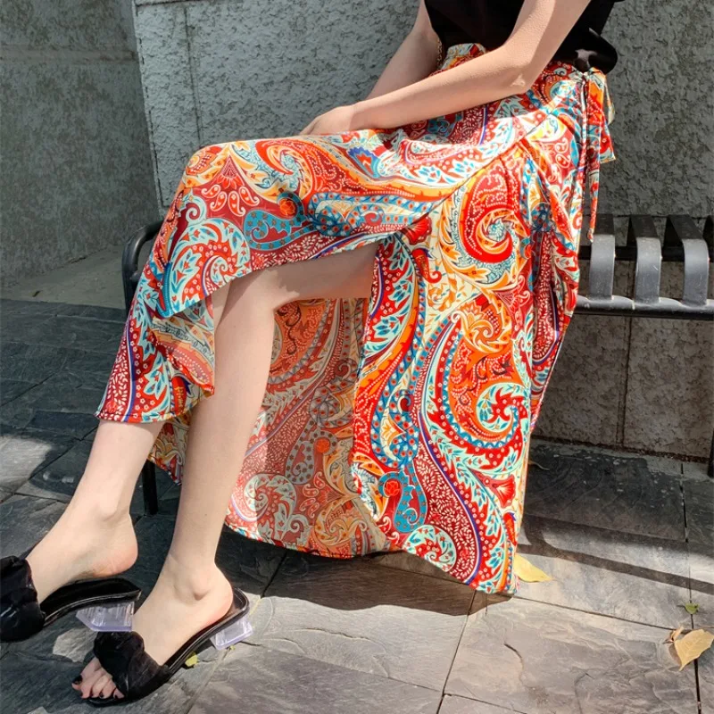 

Ретро-юбка с принтом и завязками, пляжная юбка-трапеция с завязками на талии, из полиэстера, женская юбка