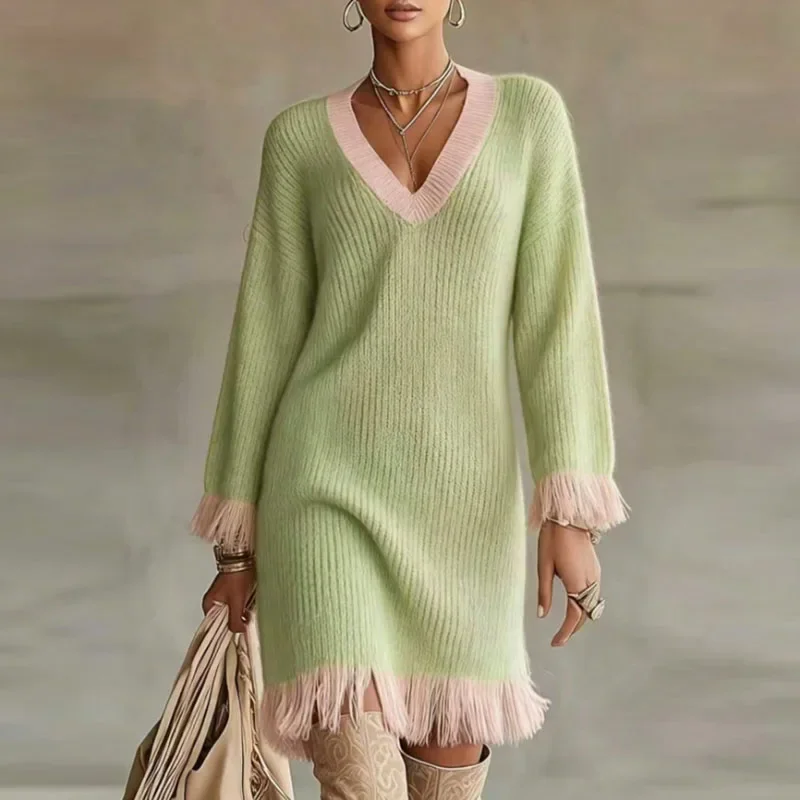 Casual Knit Sweater Dress Women V‑Neck Long Sleeve Ribbed Contrast Tassel Fringe Hem Loose Short Dress Daily Autumn Winter Dress