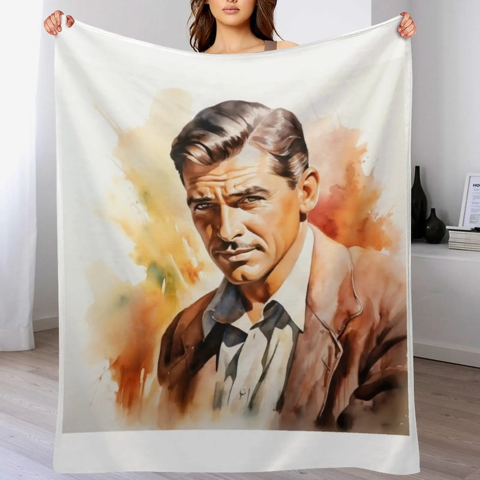 Clark Gable - Golden Age of Hollywood - Watercolor Portrait - Digital Art Throw Blanket Plush For Sofa Thin Custom Blankets